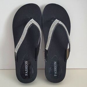 Rhinestone black flip flops NEW
